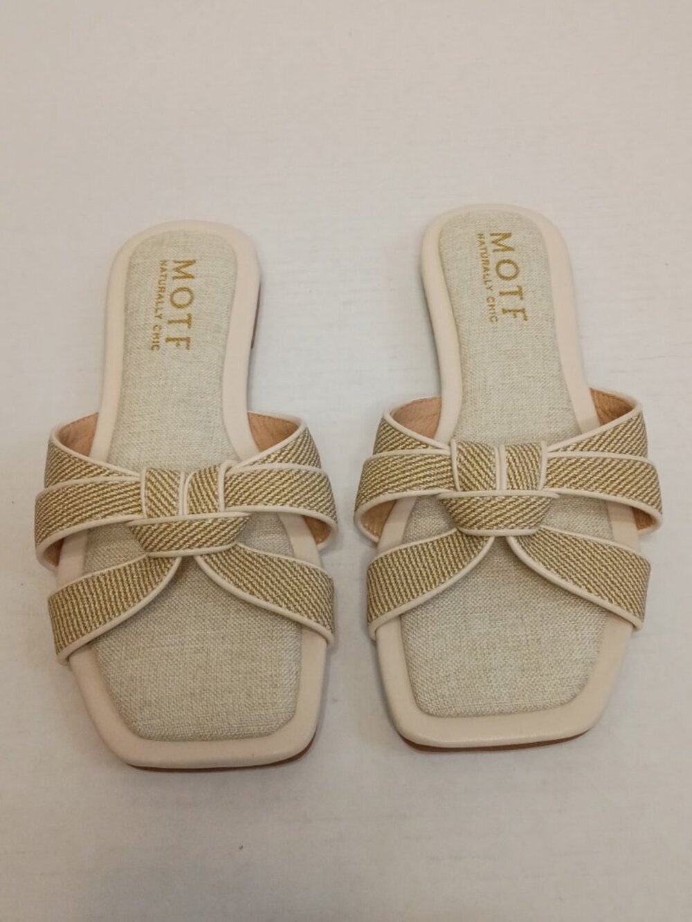 MOTF Premium Beige Bow Flat Slide Sandals Square Toe Size Women's 6.5